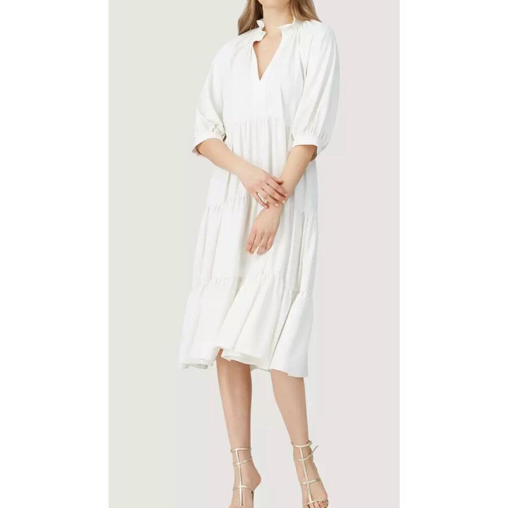 Amanda Uprichard Womens Pullover Tiered V-Neck Midi A-Line Dress Ivory Size S